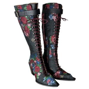 FLUEVOG New Rare Abstract Candy Swordfish Floral Laced Tall Boots JF Monogram 8
